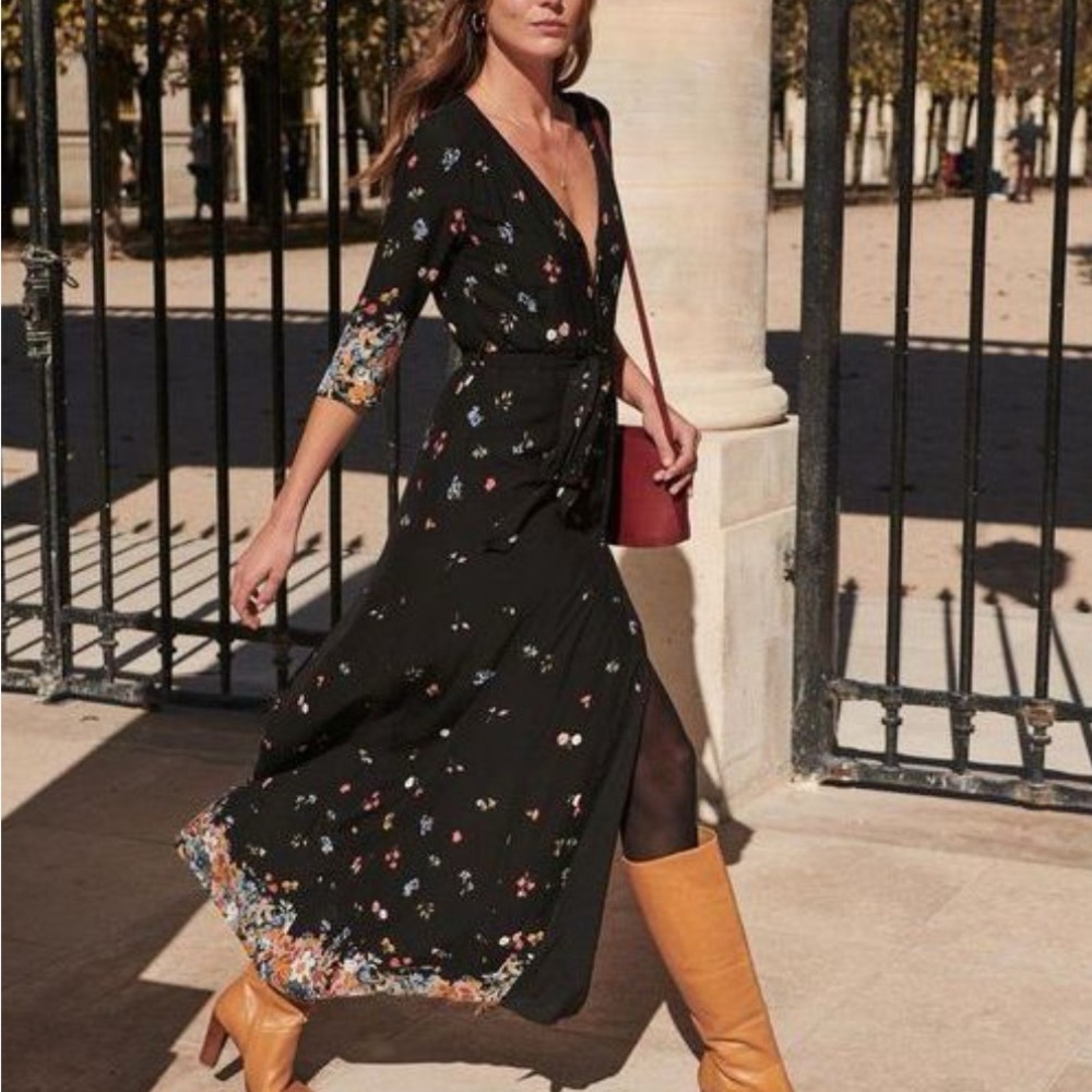 Sezane Gillian Floral Wrap Dress Black Multi Size 34 (US 2)